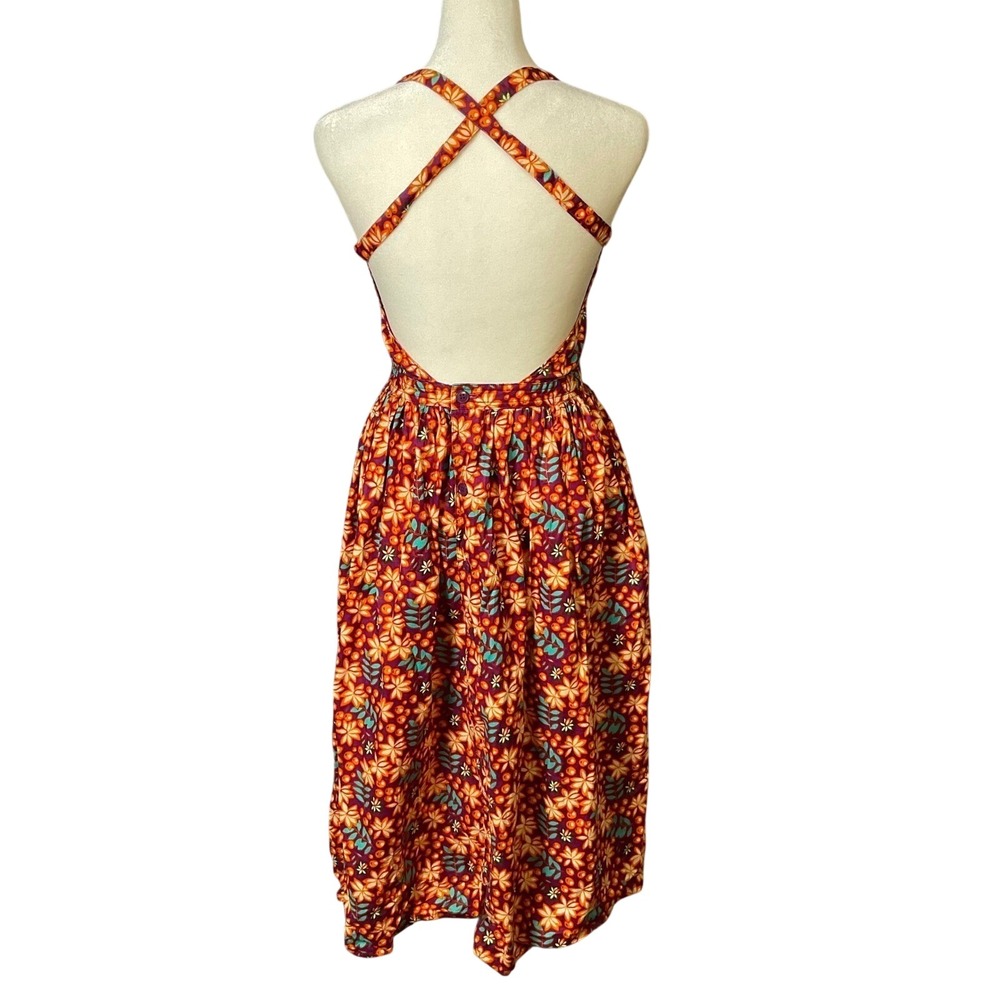 Floral Tropical Halter Midi Dress Open Back Button Front Orange Purple Summer - Picture 2 of 8